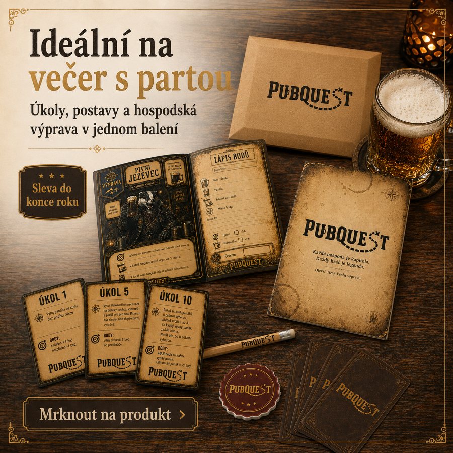 Prelaunch obálka PubQuest — brožurka postavy, karty úkolů a zápisník bodů